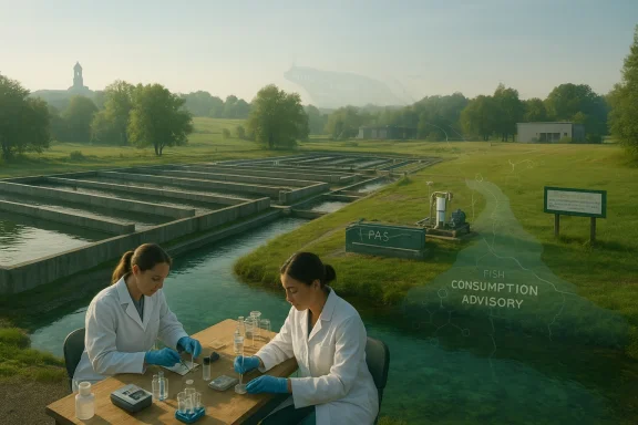 Two scientists in white lab coats test water samples at an outdoor treatment facility along a canal.