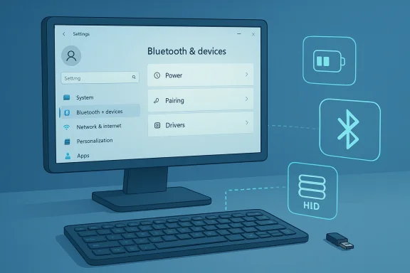 Illustration of a desktop monitor displaying Bluetooth & devices settings with Power, Pairing and Drivers.