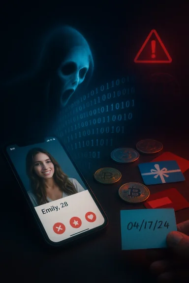 A ghostly figure looms over a dating app profile on a phone amid binary code and coins.