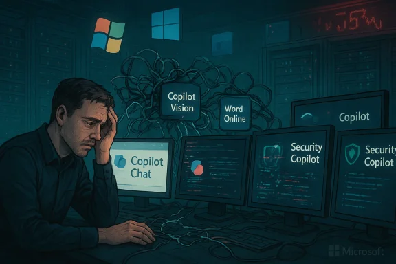 A worried man sits in a server room, surrounded by tangled cables and Copilot screens.