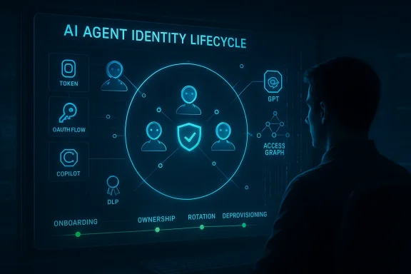 A person studies an AI agent identity lifecycle on a glowing digital dashboard.