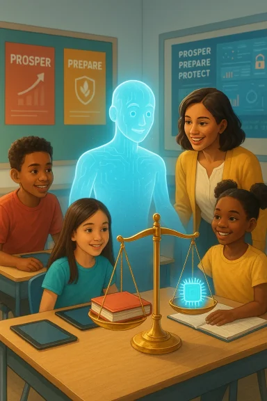 A futuristic classroom with a glowing holographic guide and a glowing chip on a balance scale.