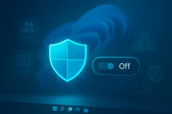 Glowing Windows shield with an Off toggle on a blue security background.