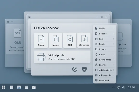 Layered PDF24 Toolbox UI with Create, Merge, OCR and Compress options plus a right-side tool menu.