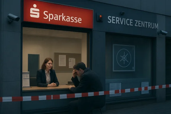 A Sparkasse teller assists a man at an outdoor service window, with red-and-white barrier tape across the front.