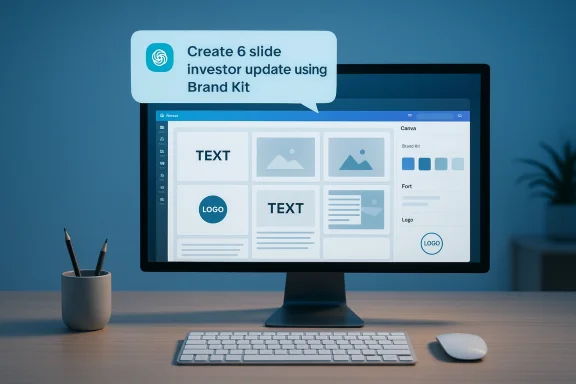 Desktop monitor shows Canva-style slide templates with a Brand Kit.