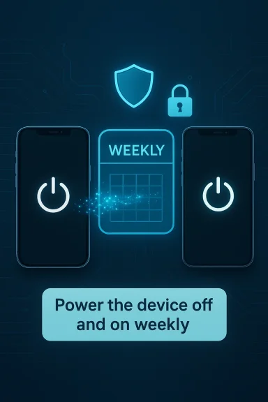 Two smartphones reboot weekly on a cybersecurity-themed panel with shield and lock icons.