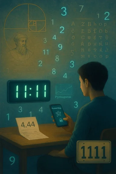 A person studies numerology at a desk, with glowing numbers and Fibonacci spirals on the wall. A person studies numerology at a desk, with glowing numbers and Fibonacci spirals on the wall.