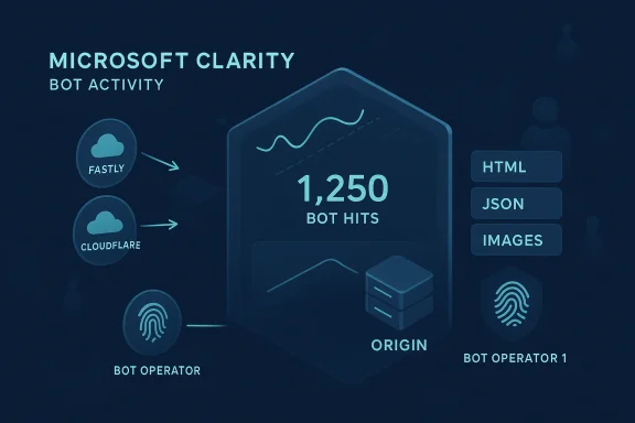 Microsoft Clarity bot activity dashboard showing 1,250 bot hits from Fastly and Cloudflare to origin.