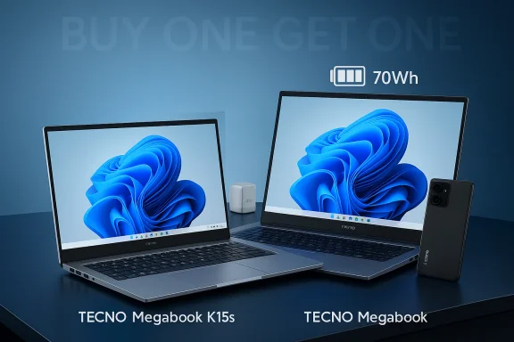Two TECNO Megabook laptops shown side by side under a Buy One Get One promo.