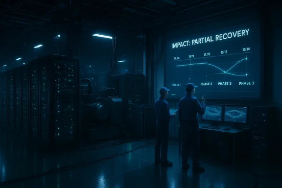 Two technicians analyze a recovery chart on a large display in a server room.