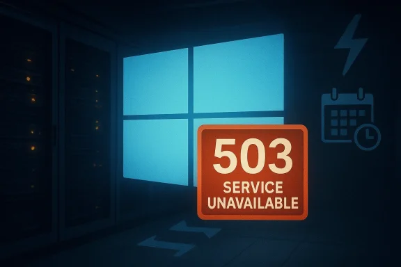 A dark data center with a glowing Windows window graphic and a large 503 Service Unavailable sign.