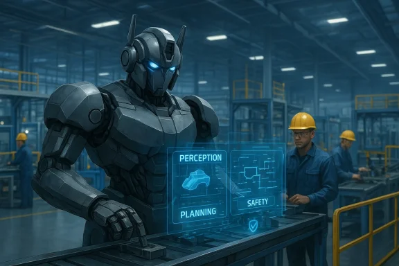 A robot supervises a factory floor with holographic planning and safety displays.