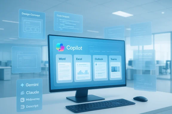 A computer monitor shows Copilot AI dashboard with Word, Excel, Outlook, and Teams amid holographic project panels.