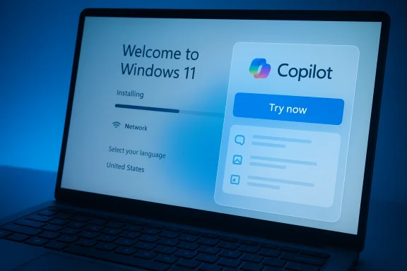 Laptop displaying Windows 11 welcome screen alongside a Copilot “Try now” panel.