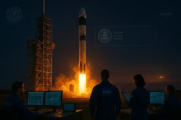 Night-time NASA rocket launch with engineers monitoring from the control room.