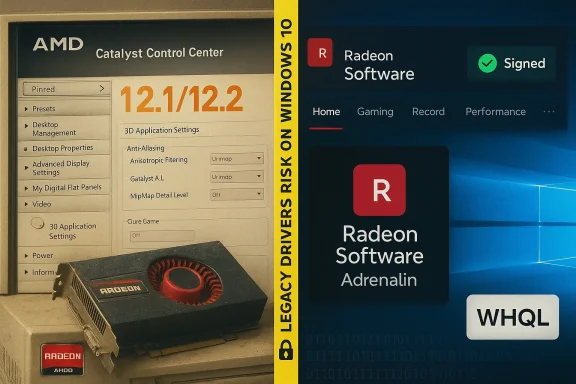 Split poster contrasts legacy AMD Catalyst with Radeon Software Adrenalin on Windows.