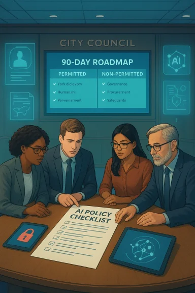 Four professionals review an AI policy checklist in a city council briefing.