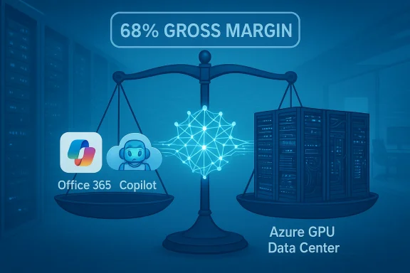 A balance scales Office 365 Copilot with an Azure GPU Data Center, illustrating 68% gross margin.