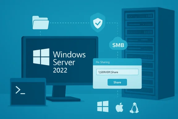 Illustration of Windows Server 2022 with file sharing to SMB cloud and a server rack.