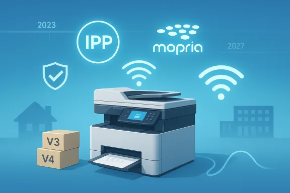 A wireless printer with Wi-Fi symbols and IPP/Mopria logos, beside two boxes.