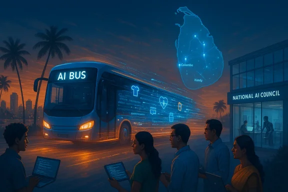 A futuristic AI bus glides past a sunset city as researchers study it near the National AI Council.