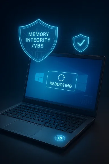 Laptop with glowing shields labeled Memory Integrity/VBS as it reboots.