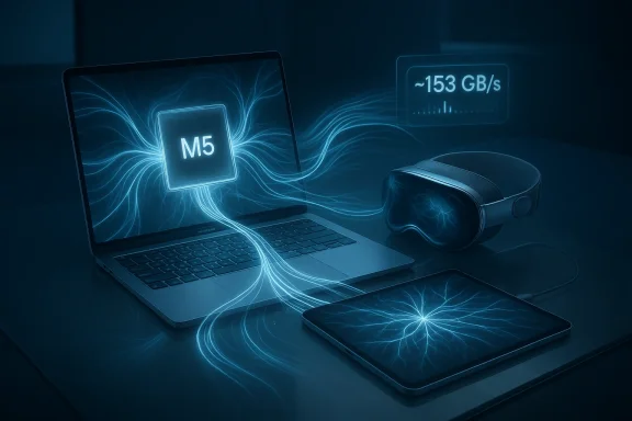 A laptop, VR headset, and tablet connected by glowing blue data streams.