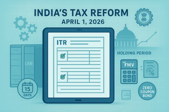 India's tax reform begins April 1, 2026 with ITR forms shown on a tablet.