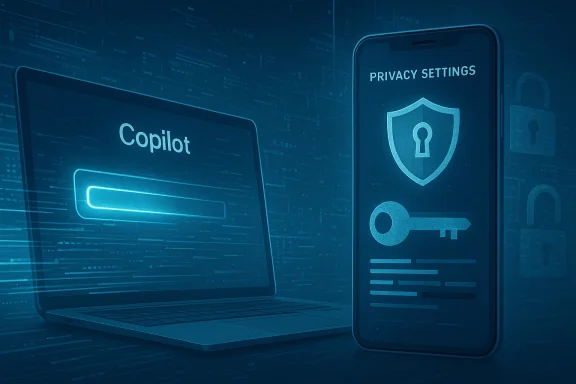 A laptop labeled 'Copilot' sits beside a smartphone displaying 'Privacy Settings' with a shield icon.