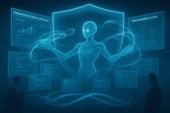 A holographic AI figure orchestrates finance reconciliations and CRM workflows.