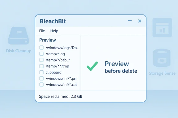 BleachBit cleanup window showing a file list and 'Preview before delete' with 2.3 GB space reclaimed.