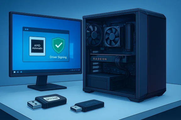 Desktop PC with a Radeon GPU; monitor displays AMD Adrenalin and Driver Signing.