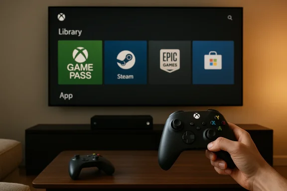 Someone holds an Xbox controller while the TV shows the Xbox Library with Game Pass, Steam, and Epic.