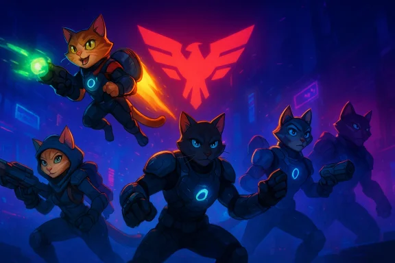Armored cat heroes sprint through a neon city, one firing a green energy blast as a red emblem glows behind.