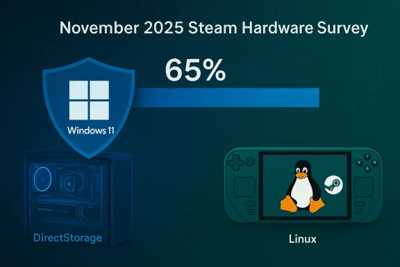 November 2025 Steam Hardware Survey: Windows 11 at 65% with DirectStorage, Linux device shown.