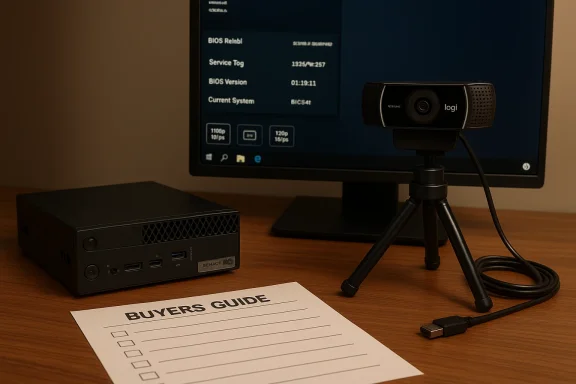 A USB webcam on a tripod, a compact PC, and a 'Buyers Guide' sheet on a wooden desk.