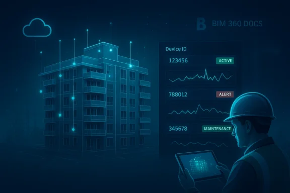 A construction worker uses a tablet to monitor a building’s BIM dashboard and device stats.