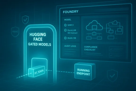 Futuristic UI showing Hugging Face gated models with HF token and running endpoint.