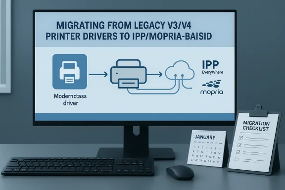 A computer monitor shows a slide about migrating legacy printer drivers to IPP/Mopria, with a migration checklist nearby.