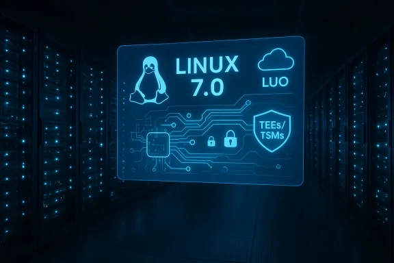 Futuristic data center with glowing Linux 7.0 hologram amid blue server racks.