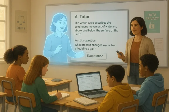Students watch an AI Tutor explaining the water cycle on a projection in class.
