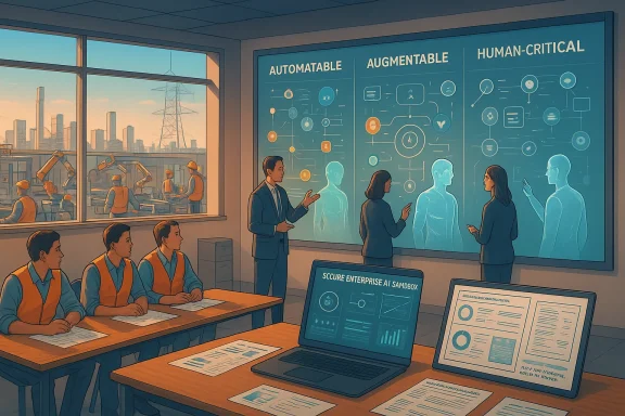 Team reviews automation strategy on blue holographic boards as factory workers operate in the background.