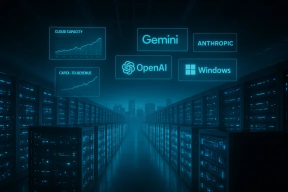 A futuristic data center with holographic panels displaying OpenAI, Gemini, Anthropic, and Windows.
