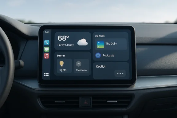 Car interior with a large infotainment touchscreen displaying weather, apps, and media.
