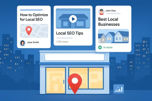 Nighttime storefront with floating cards about local SEO and local businesses.