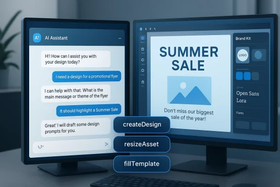 Dual-monitor design setup: AI chat assistant on the left and a Summer Sale poster editor on the right.