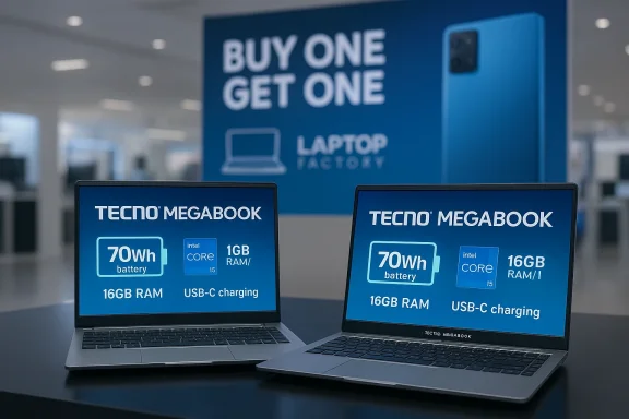 Two TECNO Megabook laptops on display under a Buy One Get One promotion.