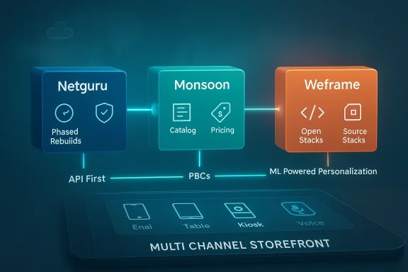 Three platform blocks: Netguru, Monsoon, and Weframe, powering an ML-driven multi-channel storefront.