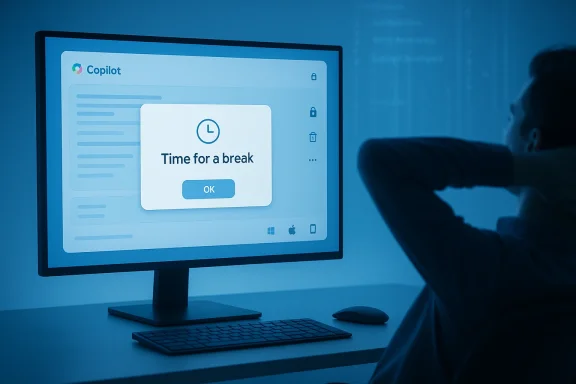 A monitor shows a Copilot 'Time for a break' prompt as a person leans back.